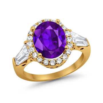 Halo Fashion Ring Baguette Yellow Tone, Simulated Amethyst CZ 925 Sterling Silver